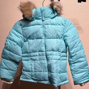 Girls 6 6x mint puffer jacket with fur hood nwt